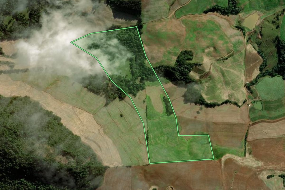 Imagem de satélite do imóvel rural em Pinheiro Preto (SC), com o contorno declarado no CAR desenhado por cima.
