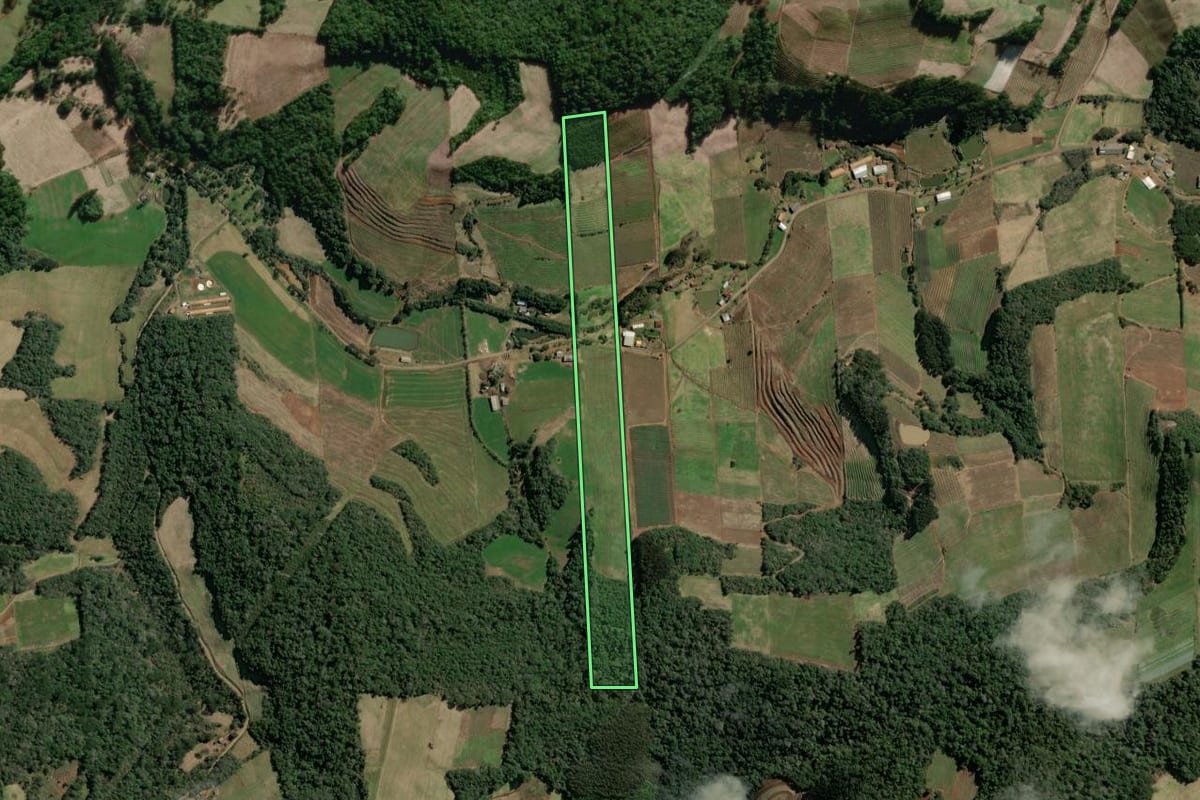Imagem de satélite do imóvel rural em Pinheiro Preto (SC), com o contorno declarado no CAR desenhado por cima.