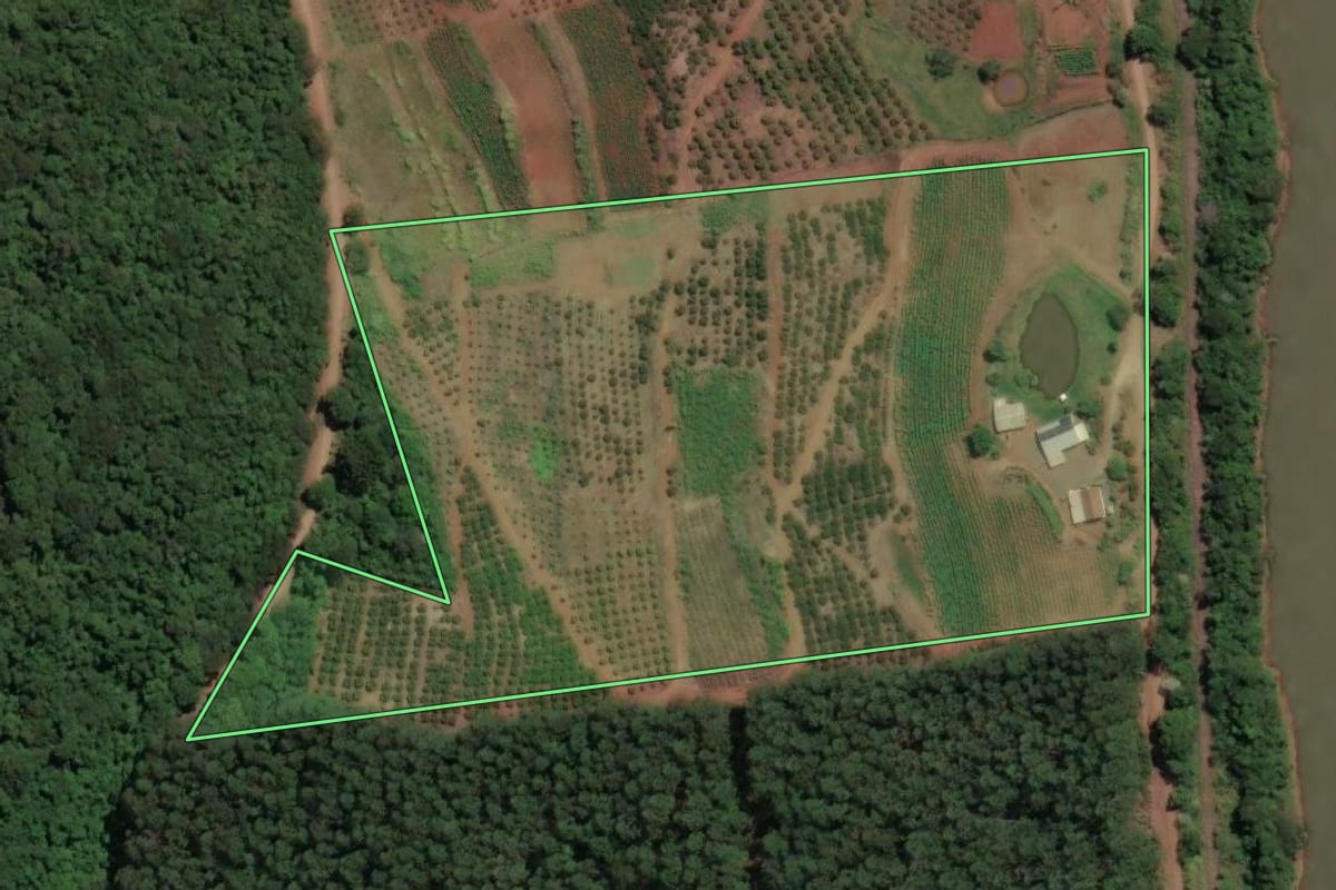 Imagem de satélite do imóvel rural em Piratuba (SC), com o contorno declarado no CAR desenhado por cima.