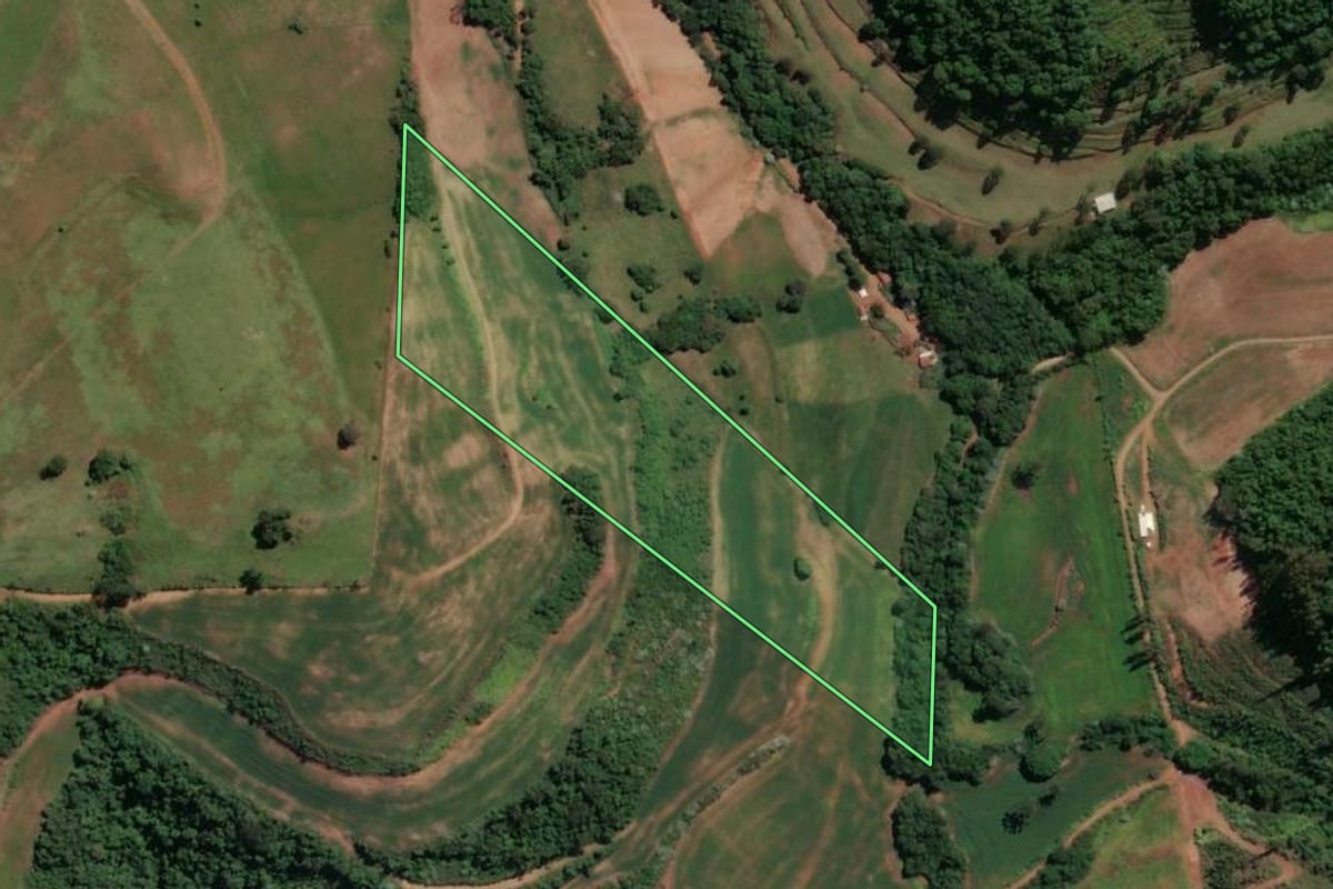 Imagem de satélite do imóvel rural em Piratuba (SC), com o contorno declarado no CAR desenhado por cima.