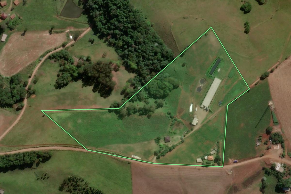 Imagem de satélite do imóvel rural em Piratuba (SC), com o contorno declarado no CAR desenhado por cima.