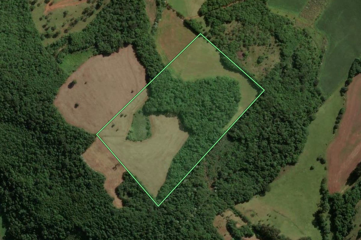 Imagem de satélite do imóvel rural em Piratuba (SC), com o contorno declarado no CAR desenhado por cima.