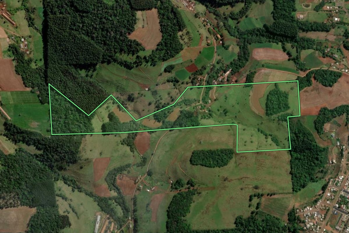 Imagem de satélite do imóvel rural em Planalto Alegre (SC), com o contorno declarado no CAR desenhado por cima.