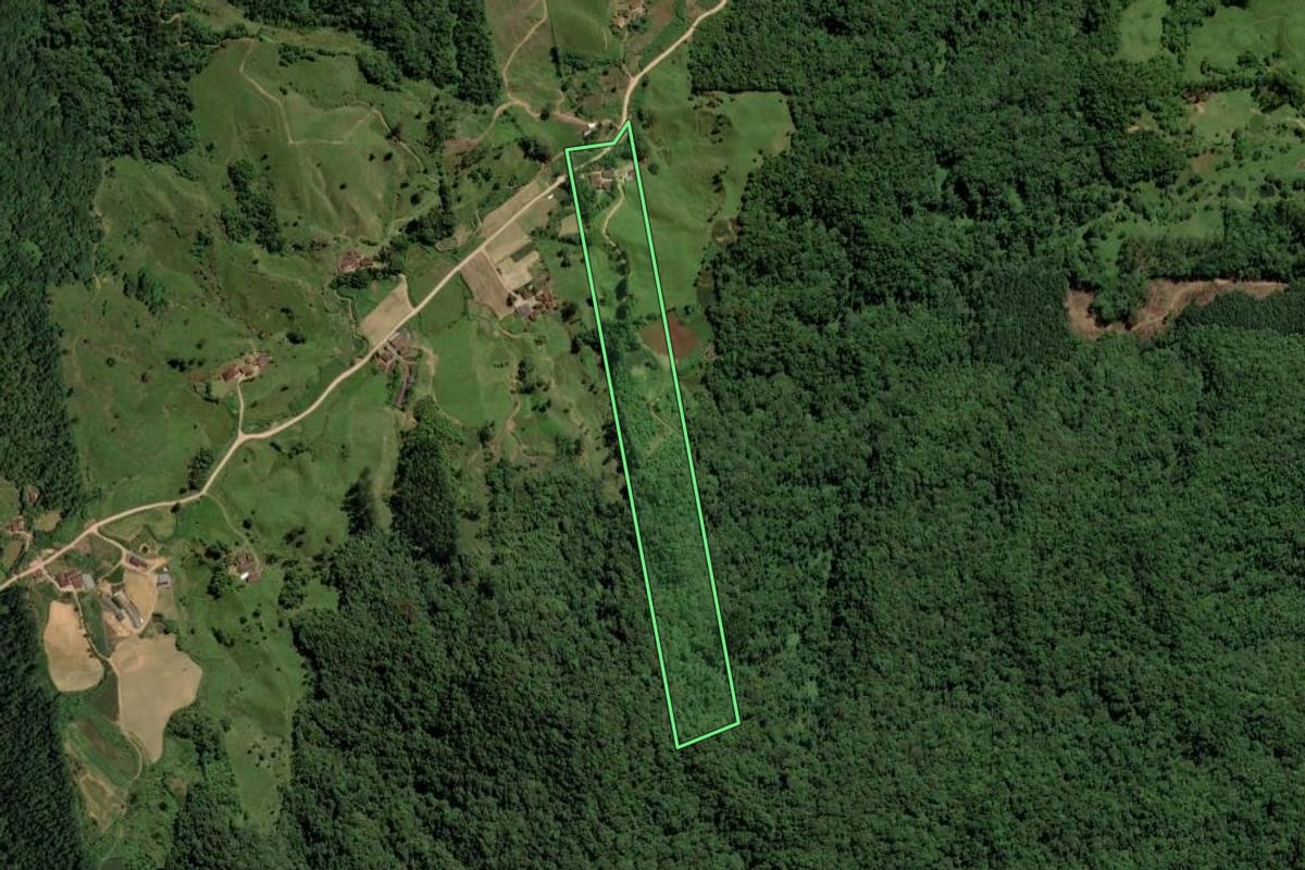 Imagem de satélite do imóvel rural em Pomerode (SC), com o contorno declarado no CAR desenhado por cima.