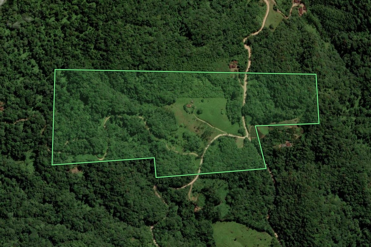 Imagem de satélite do imóvel rural em Pomerode (SC), com o contorno declarado no CAR desenhado por cima.