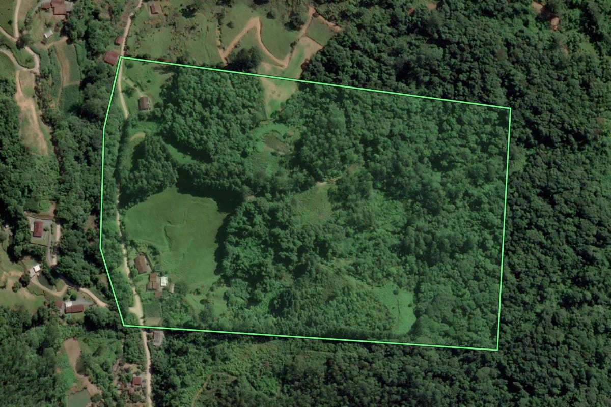 Imagem de satélite do imóvel rural em Pomerode (SC), com o contorno declarado no CAR desenhado por cima.
