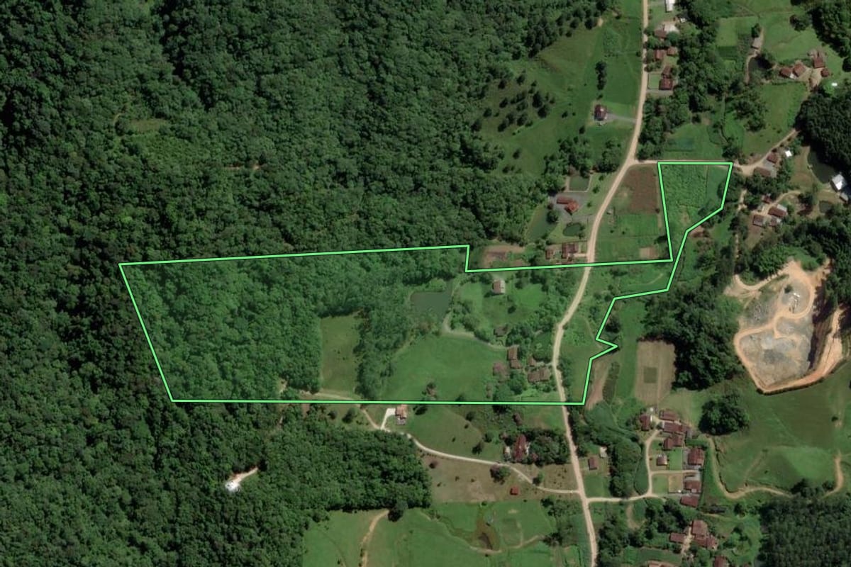 Imagem de satélite do imóvel rural em Pomerode (SC), com o contorno declarado no CAR desenhado por cima.