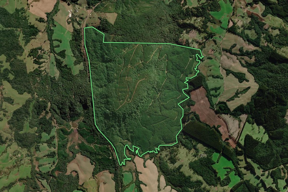 Imagem de satélite do imóvel rural em Ponte Alta (SC), com o contorno declarado no CAR desenhado por cima.