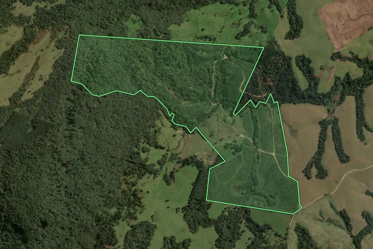 Imagem de satélite do imóvel rural em Ponte Alta (SC), com o contorno declarado no CAR desenhado por cima.