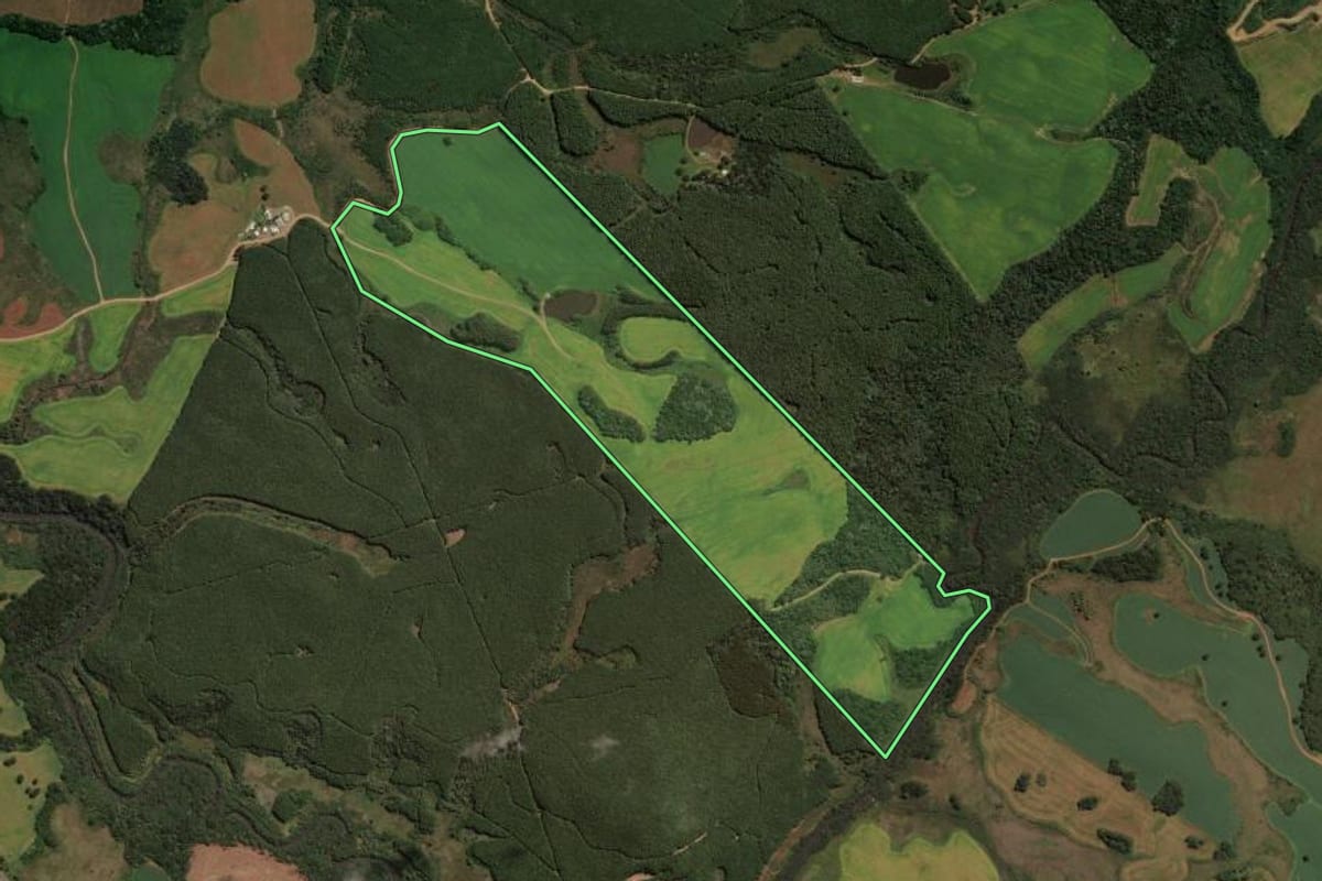 Imagem de satélite do imóvel rural em Ponte Serrada (SC), com o contorno declarado no CAR desenhado por cima.