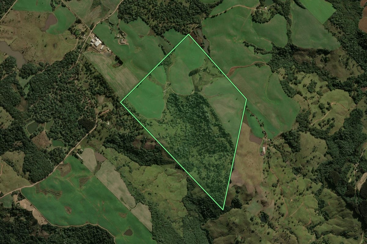 Imagem de satélite do imóvel rural em Ponte Serrada (SC), com o contorno declarado no CAR desenhado por cima.