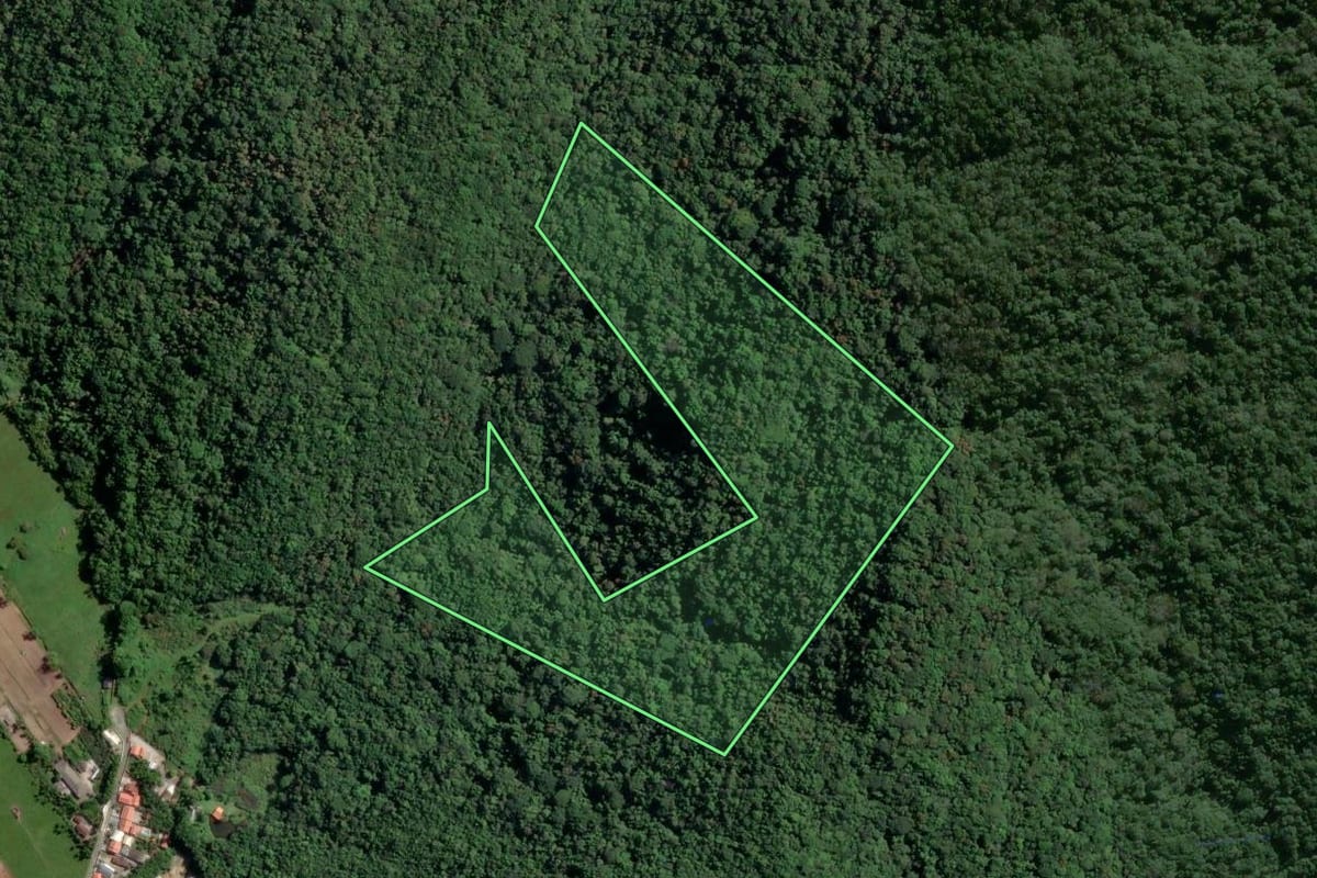 Imagem de satélite do imóvel rural em Porto Belo (SC), com o contorno declarado no CAR desenhado por cima.