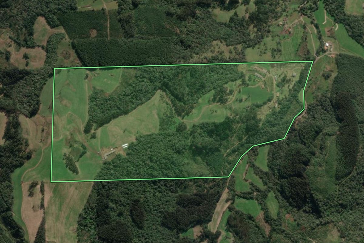 Imagem de satélite do imóvel rural em Porto União (SC), com o contorno declarado no CAR desenhado por cima.