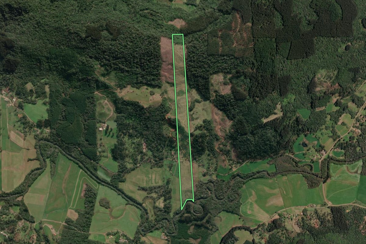 Imagem de satélite do imóvel rural em Porto União (SC), com o contorno declarado no CAR desenhado por cima.