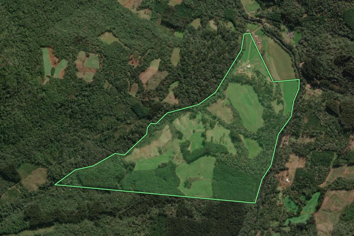 Imagem de satélite do imóvel rural em Porto União (SC), com o contorno declarado no CAR desenhado por cima.