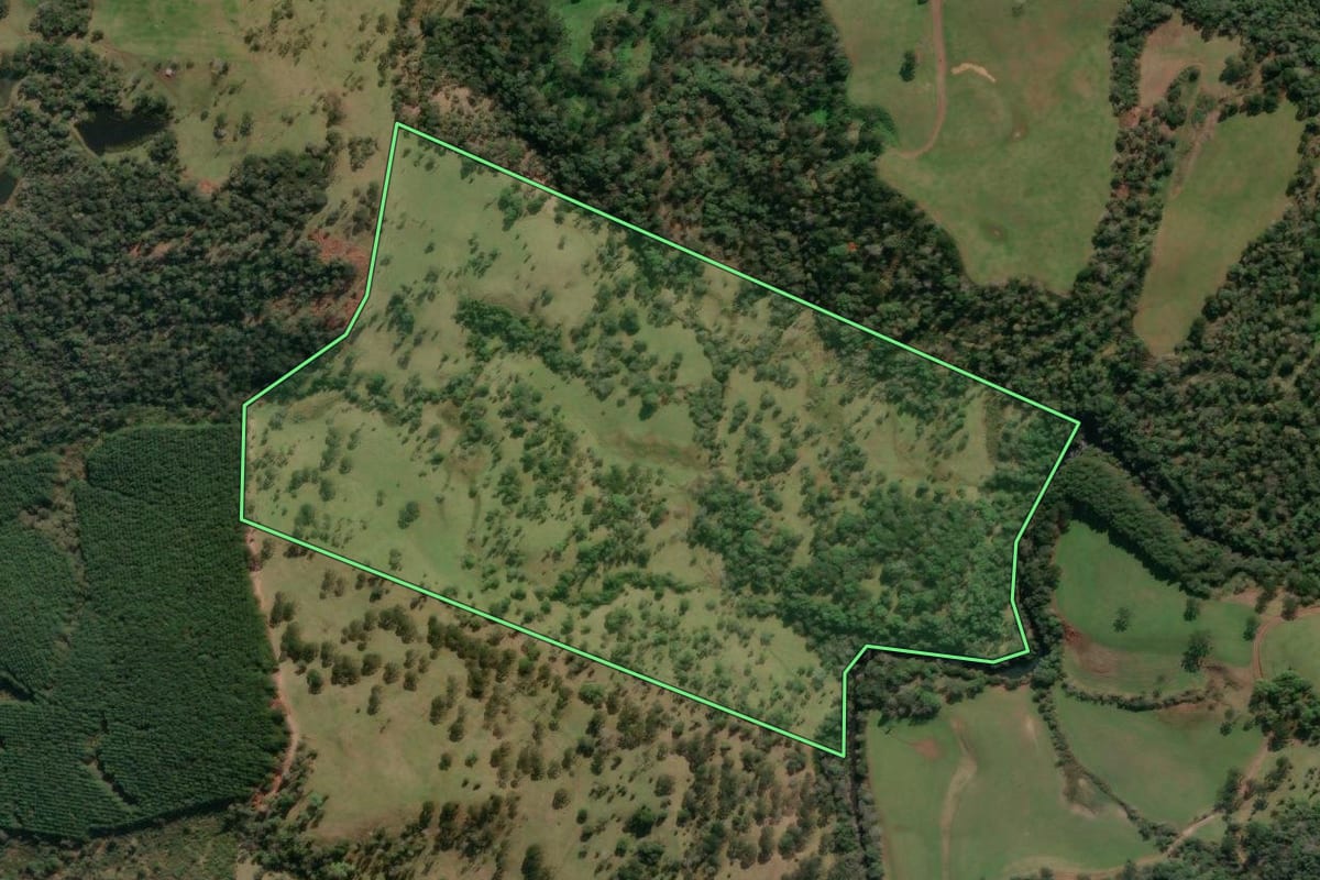 Imagem de satélite do imóvel rural em Porto União (SC), com o contorno declarado no CAR desenhado por cima.