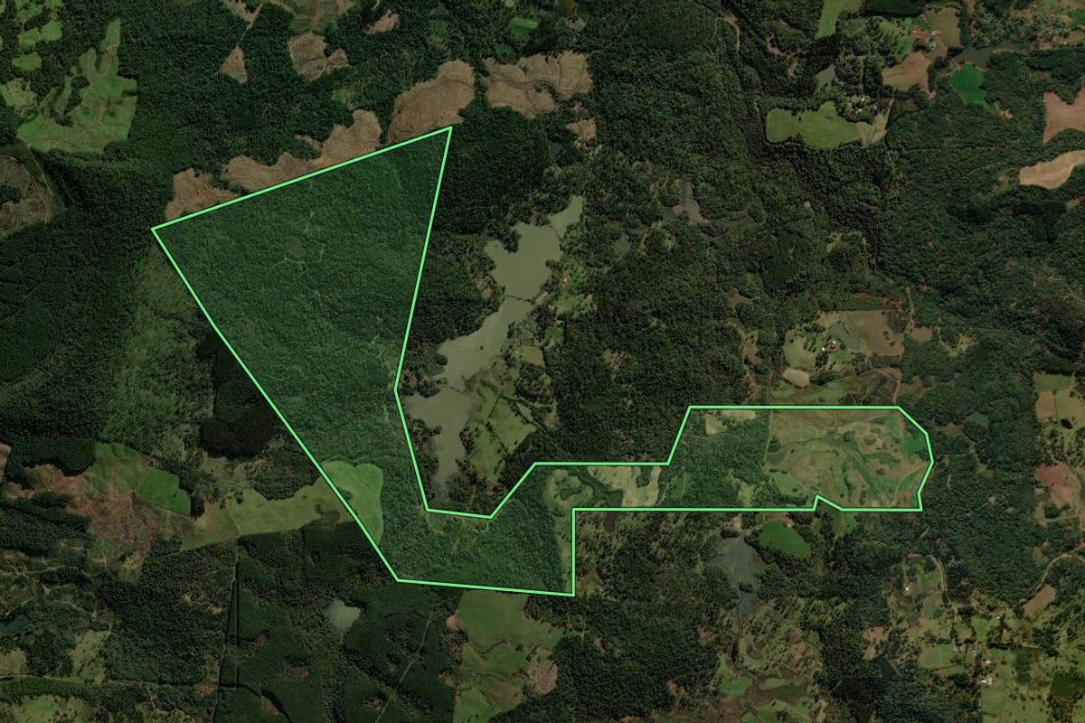 Imagem de satélite do imóvel rural em Porto União (SC), com o contorno declarado no CAR desenhado por cima.