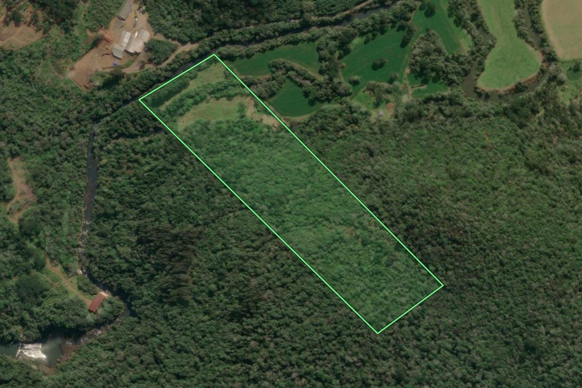 Imagem de satélite do imóvel rural em Porto União (SC), com o contorno declarado no CAR desenhado por cima.