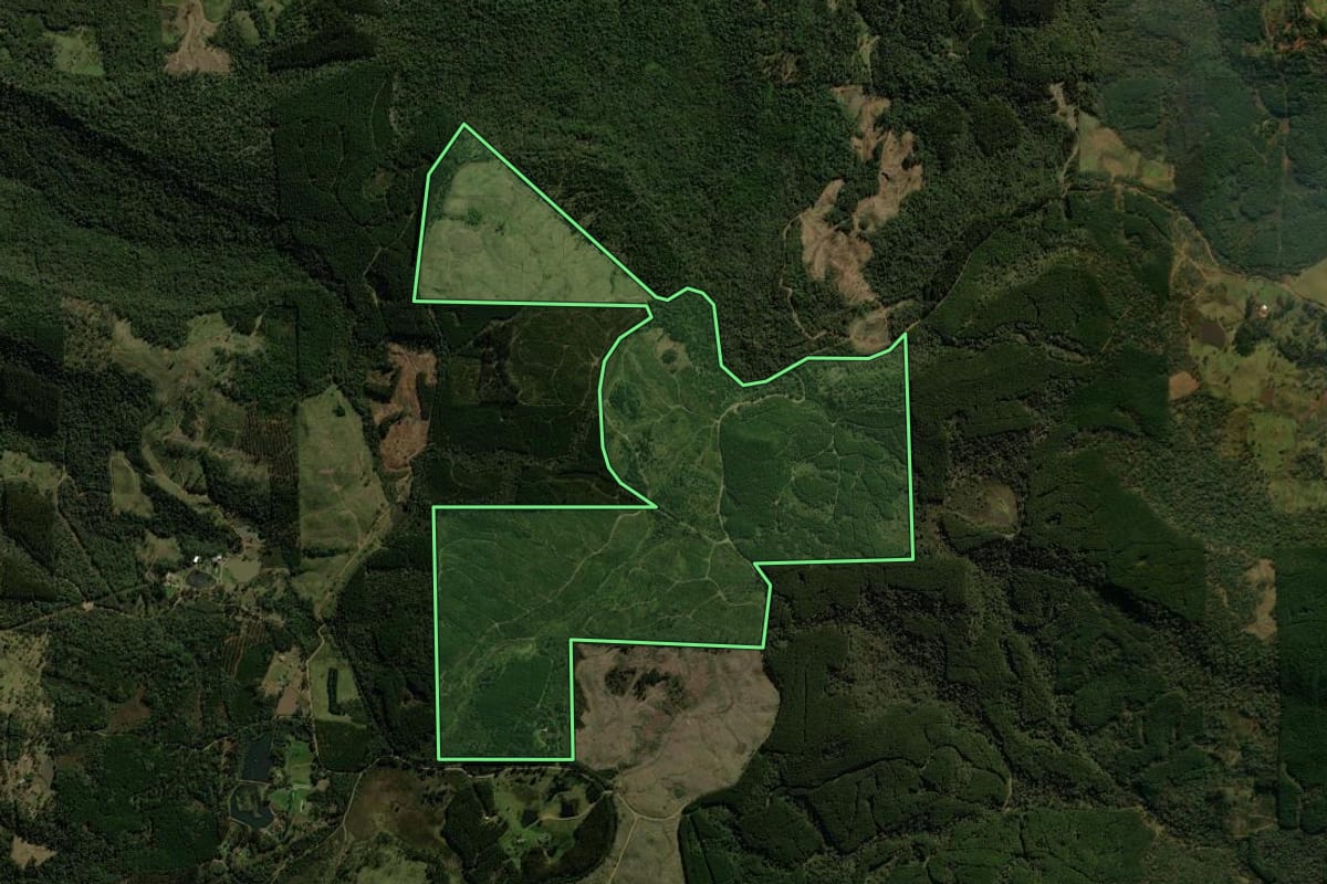 Imagem de satélite do imóvel rural em Porto União (SC), com o contorno declarado no CAR desenhado por cima.