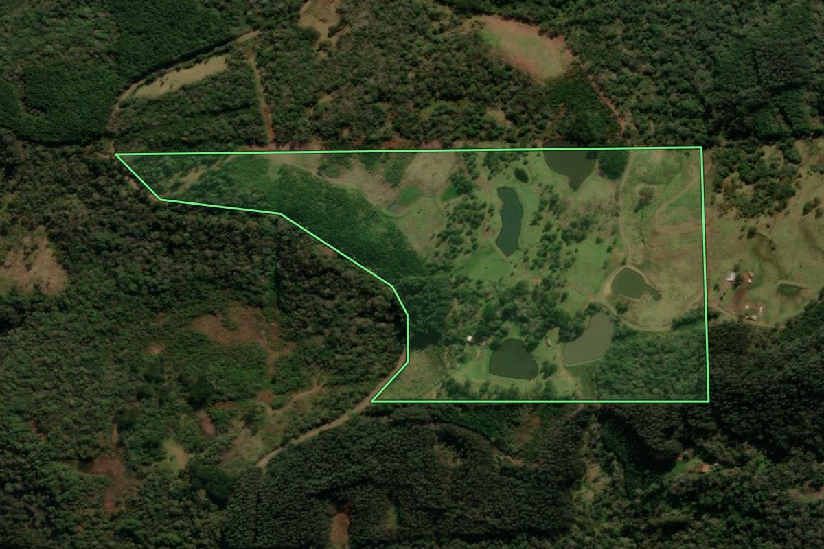 Imagem de satélite do imóvel rural em Porto União (SC), com o contorno declarado no CAR desenhado por cima.