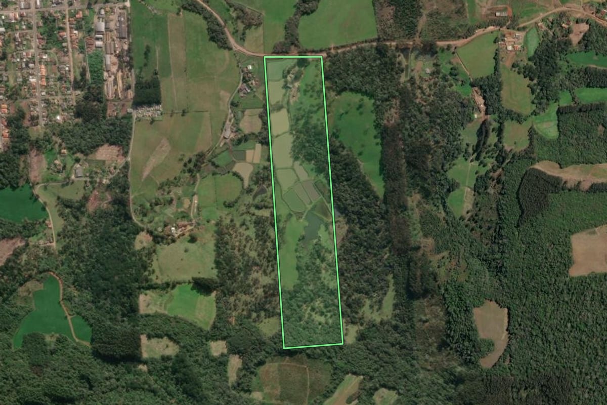 Imagem de satélite do imóvel rural em Porto União (SC), com o contorno declarado no CAR desenhado por cima.