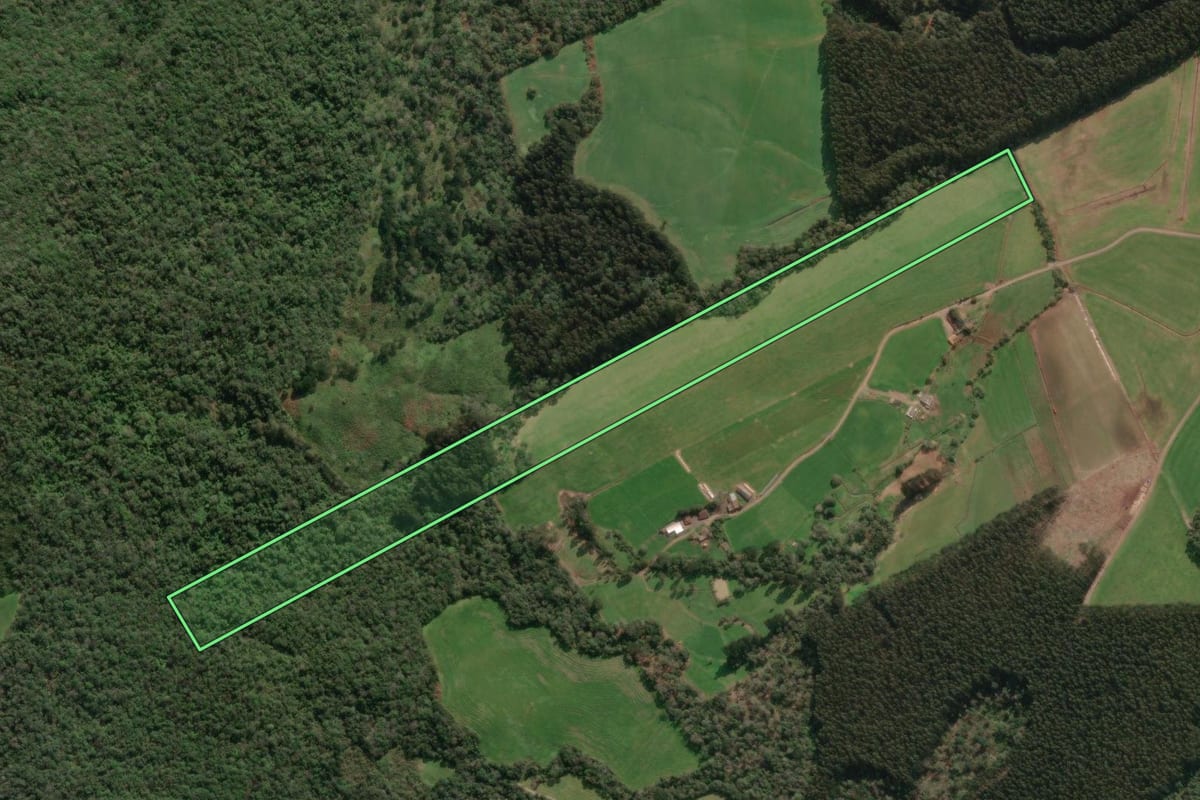 Imagem de satélite do imóvel rural em Porto União (SC), com o contorno declarado no CAR desenhado por cima.