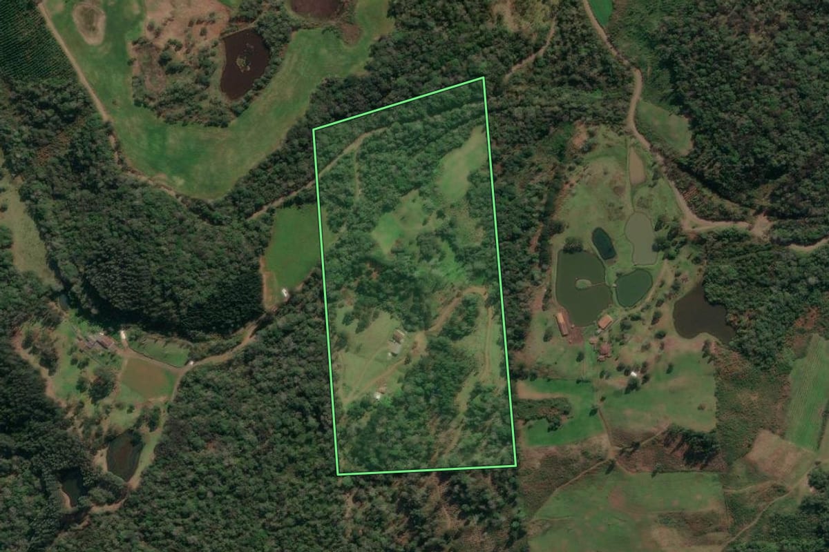 Imagem de satélite do imóvel rural em Porto União (SC), com o contorno declarado no CAR desenhado por cima.