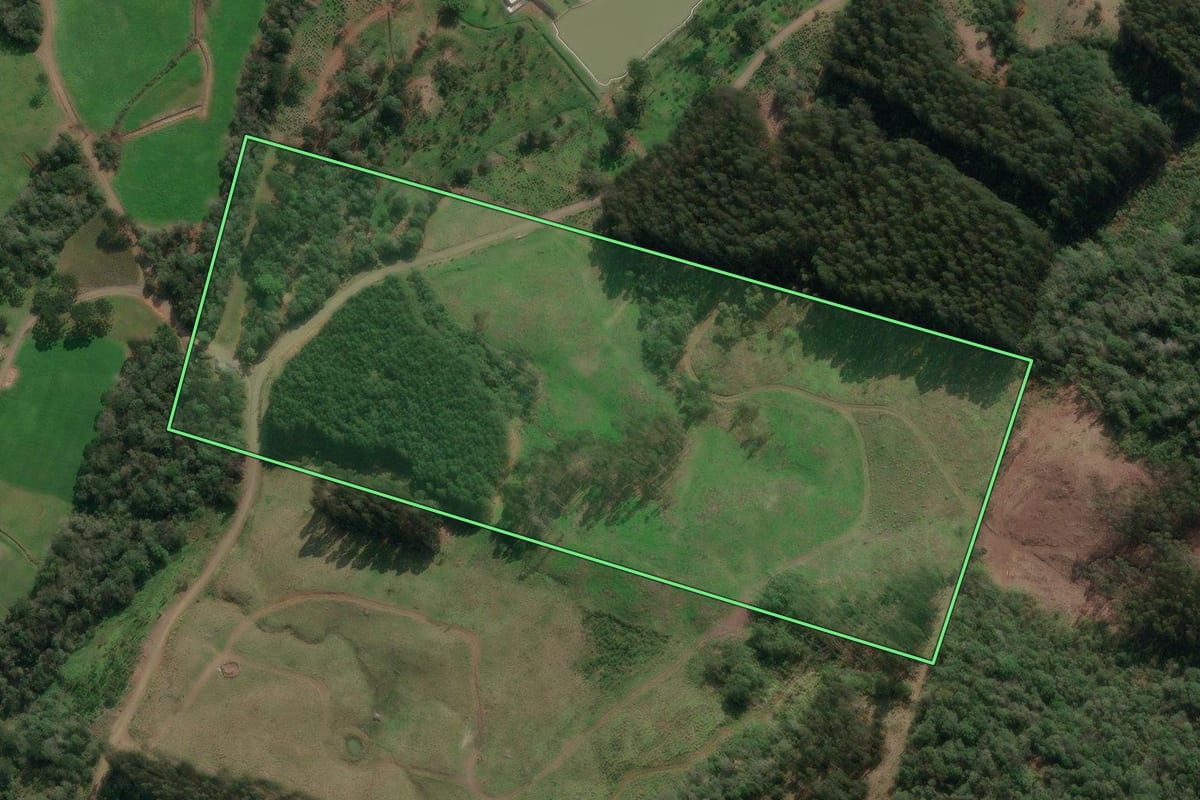 Imagem de satélite do imóvel rural em Porto União (SC), com o contorno declarado no CAR desenhado por cima.