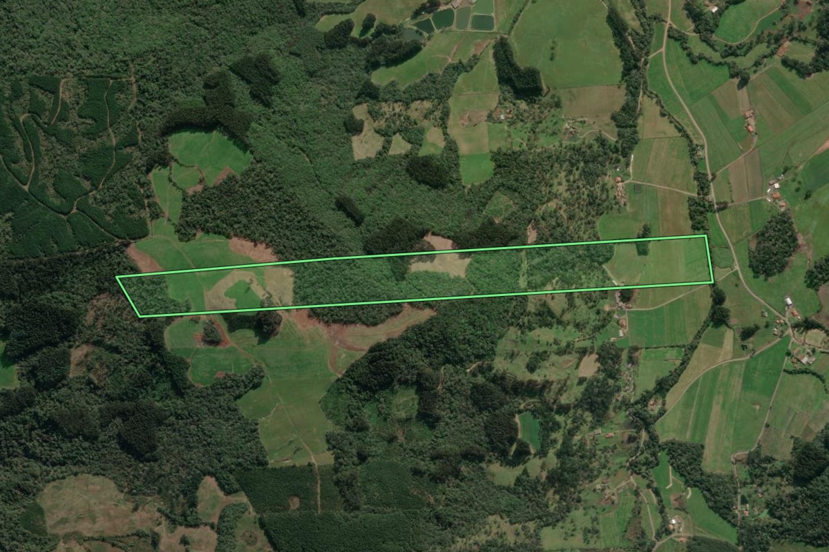 Imagem de satélite do imóvel rural em Porto União (SC), com o contorno declarado no CAR desenhado por cima.