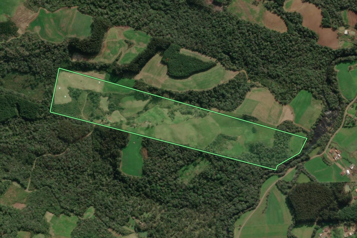Imagem de satélite do imóvel rural em Porto União (SC), com o contorno declarado no CAR desenhado por cima.