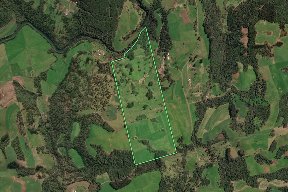 Imagem de satélite do imóvel rural em Porto União (SC), com o contorno declarado no CAR desenhado por cima.