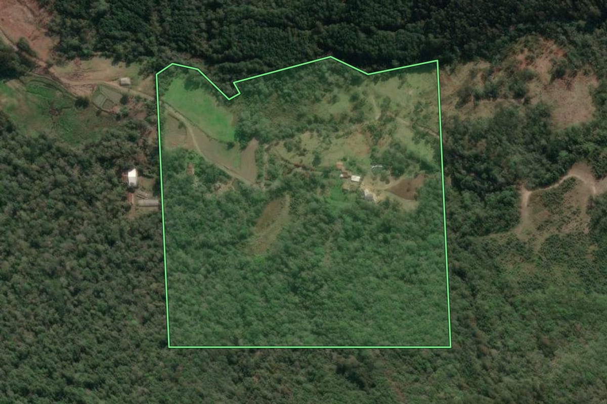 Imagem de satélite do imóvel rural em Porto União (SC), com o contorno declarado no CAR desenhado por cima.