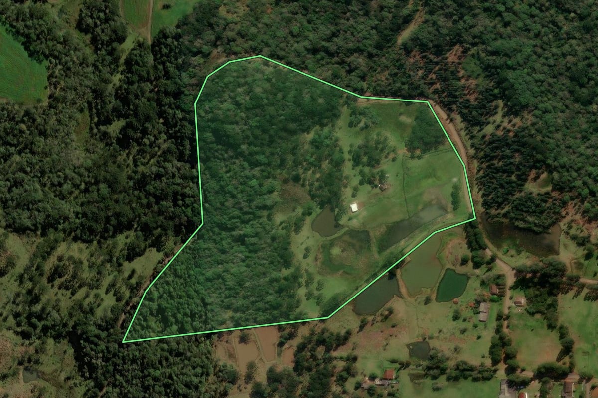 Imagem de satélite do imóvel rural em Porto União (SC), com o contorno declarado no CAR desenhado por cima.