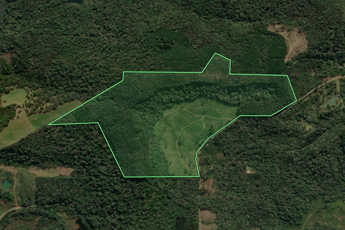 Imagem de satélite do imóvel rural em Porto União (SC), com o contorno declarado no CAR desenhado por cima.