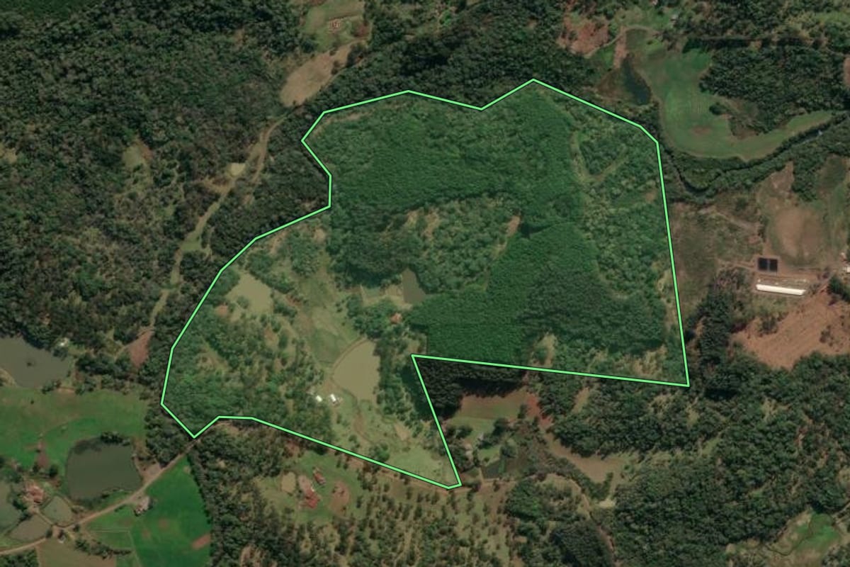 Imagem de satélite do imóvel rural em Porto União (SC), com o contorno declarado no CAR desenhado por cima.