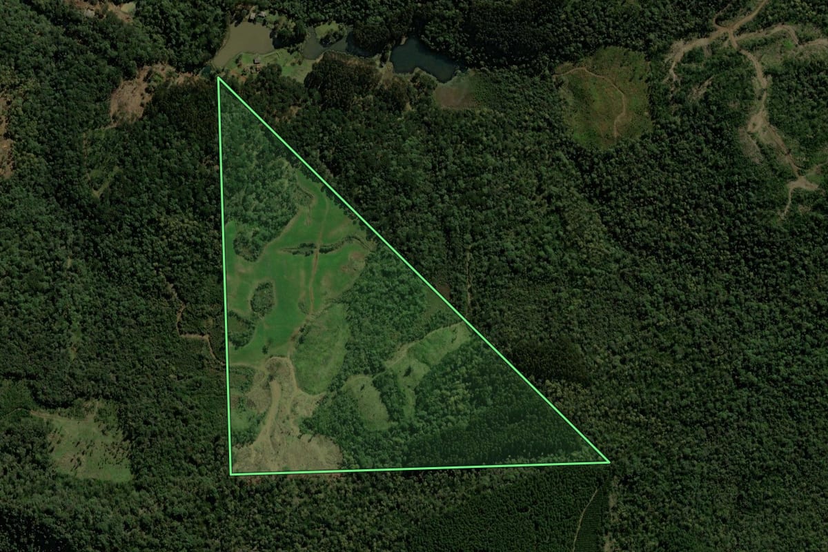 Imagem de satélite do imóvel rural em Porto União (SC), com o contorno declarado no CAR desenhado por cima.