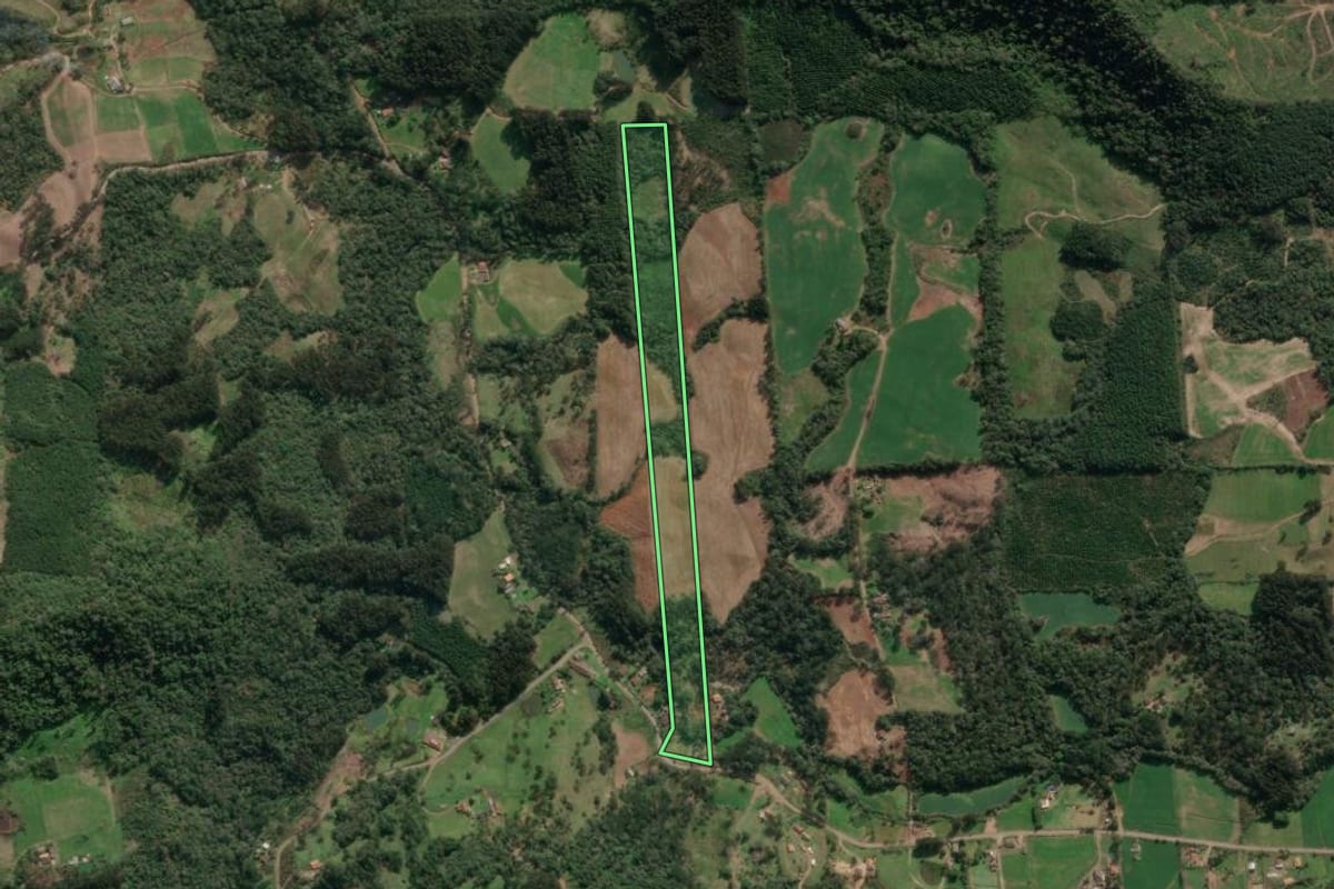 Imagem de satélite do imóvel rural em Porto União (SC), com o contorno declarado no CAR desenhado por cima.