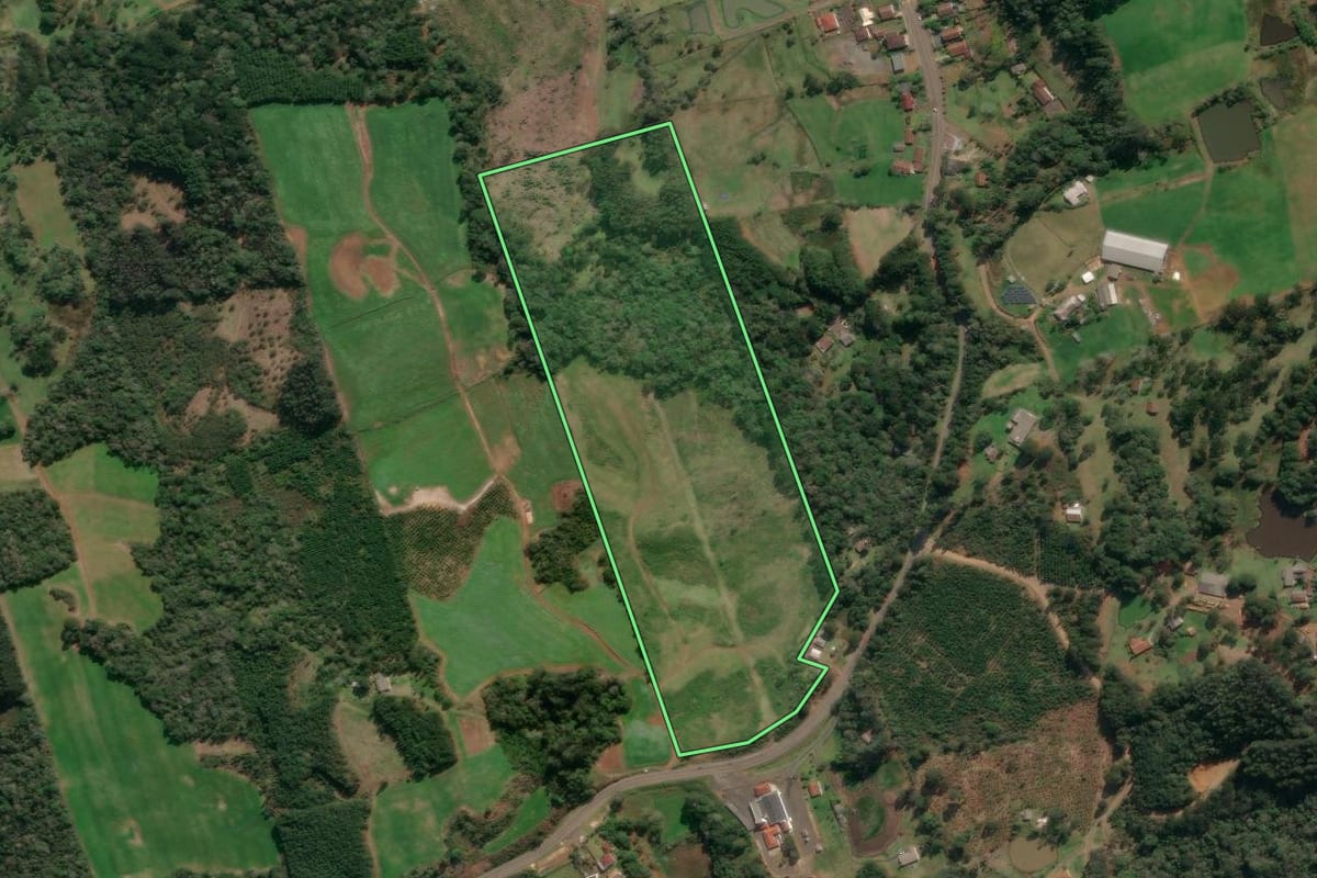 Imagem de satélite do imóvel rural em Porto União (SC), com o contorno declarado no CAR desenhado por cima.