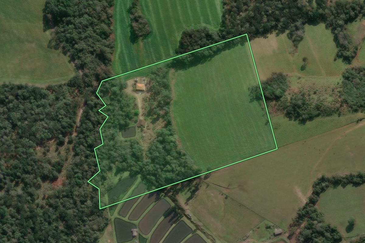 Imagem de satélite do imóvel rural em Porto União (SC), com o contorno declarado no CAR desenhado por cima.