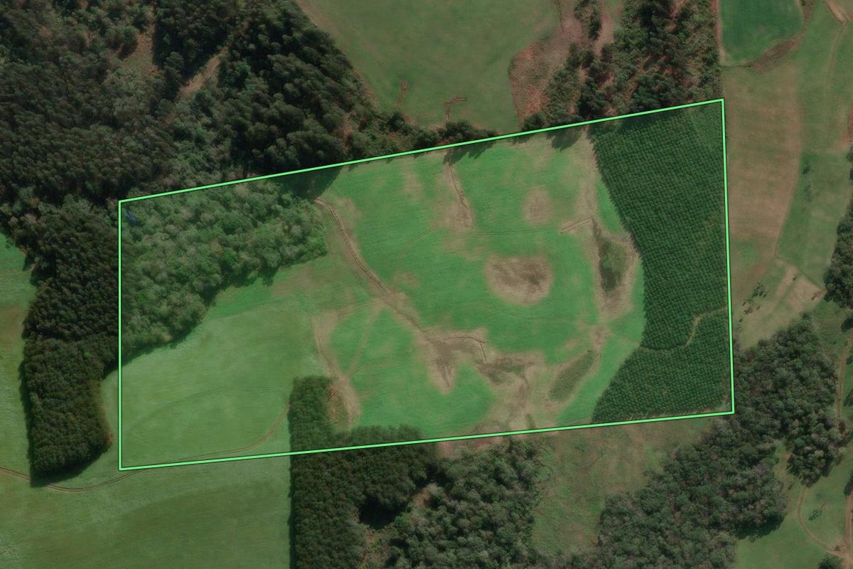 Imagem de satélite do imóvel rural em Porto União (SC), com o contorno declarado no CAR desenhado por cima.