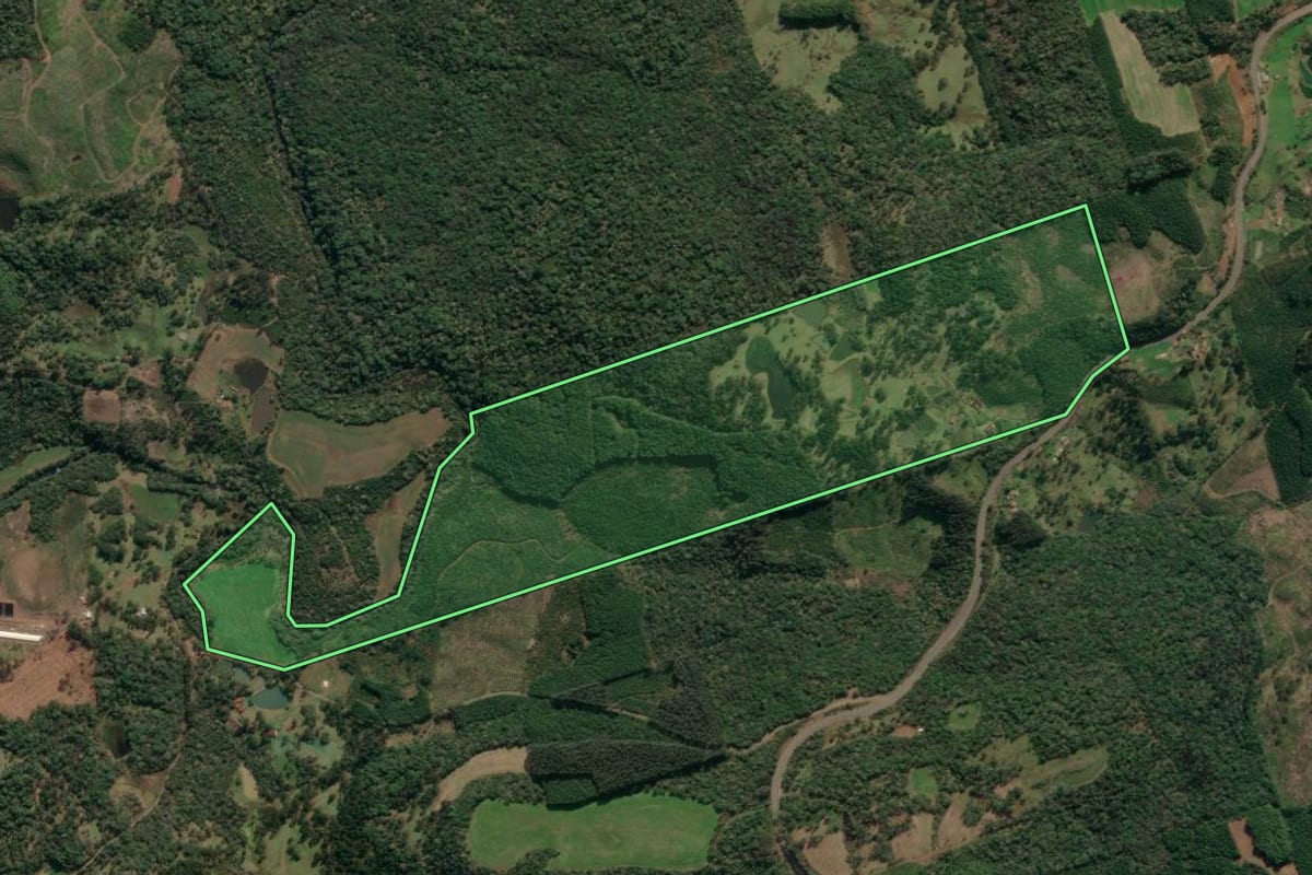 Imagem de satélite do imóvel rural em Porto União (SC), com o contorno declarado no CAR desenhado por cima.