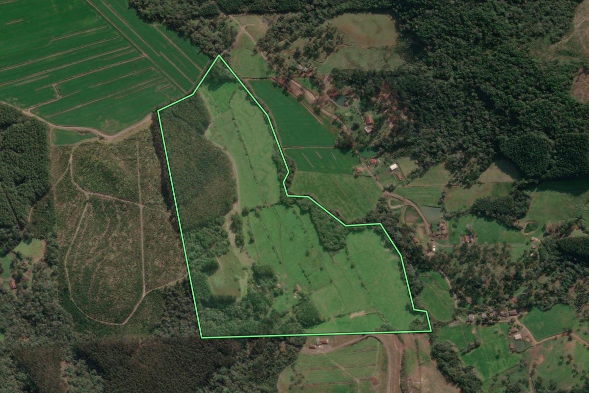 Imagem de satélite do imóvel rural em Porto União (SC), com o contorno declarado no CAR desenhado por cima.