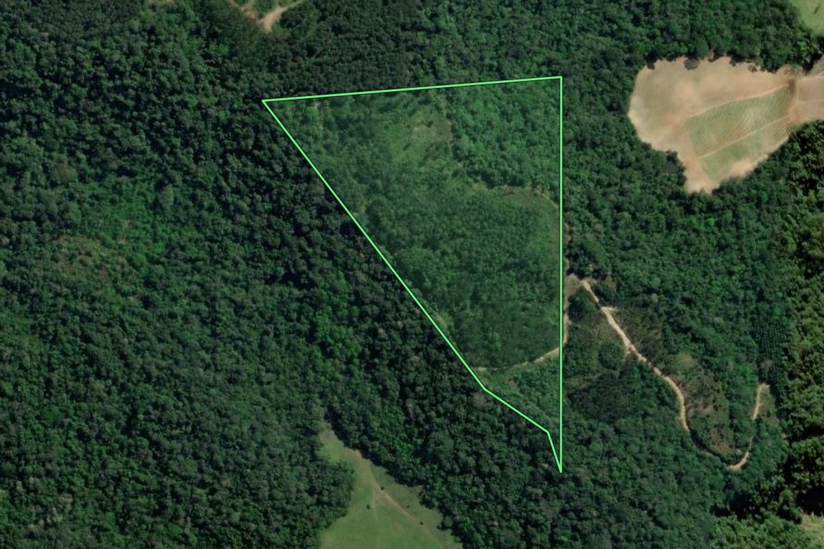 Imagem de satélite do imóvel rural em Pouso Redondo (SC), com o contorno declarado no CAR desenhado por cima.