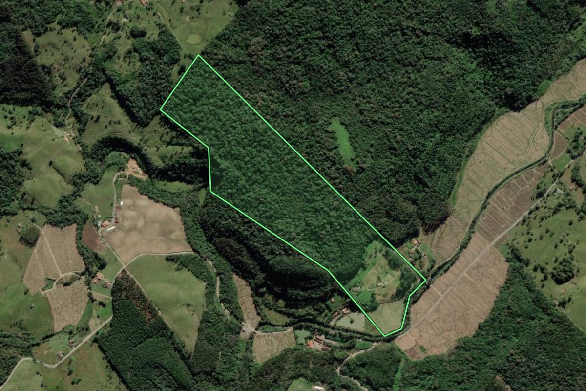 Imagem de satélite do imóvel rural em Pouso Redondo (SC), com o contorno declarado no CAR desenhado por cima.