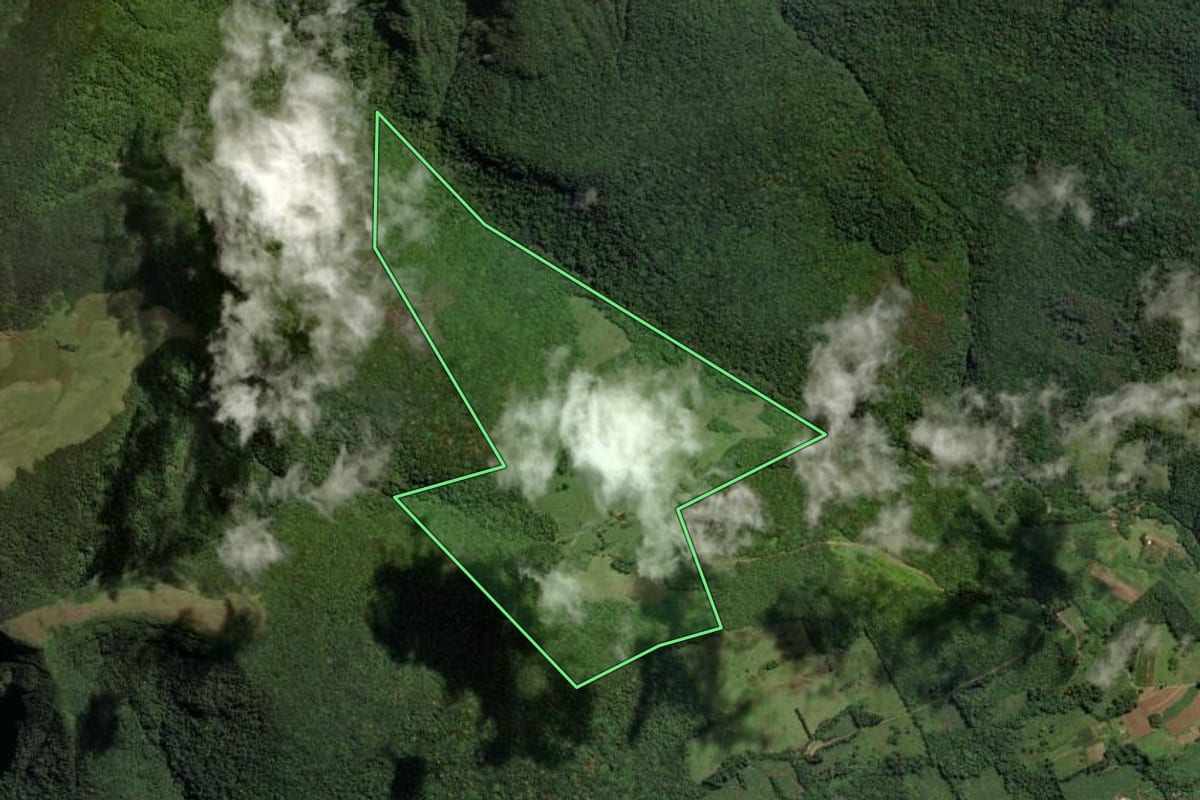 Imagem de satélite do imóvel rural em Praia Grande (SC), com o contorno declarado no CAR desenhado por cima.