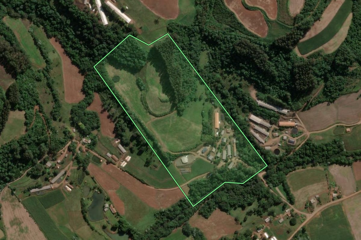 Imagem de satélite do imóvel rural em Presidente Castello Branco (SC), com o contorno declarado no CAR desenhado por cima.