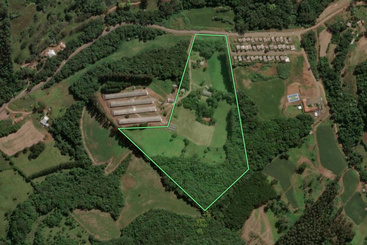 Imagem de satélite do imóvel rural em Presidente Castello Branco (SC), com o contorno declarado no CAR desenhado por cima.