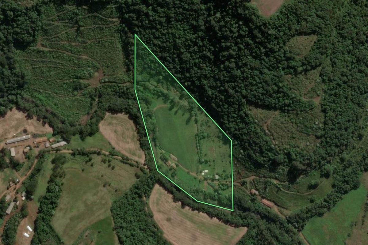Imagem de satélite do imóvel rural em Presidente Castello Branco (SC), com o contorno declarado no CAR desenhado por cima.
