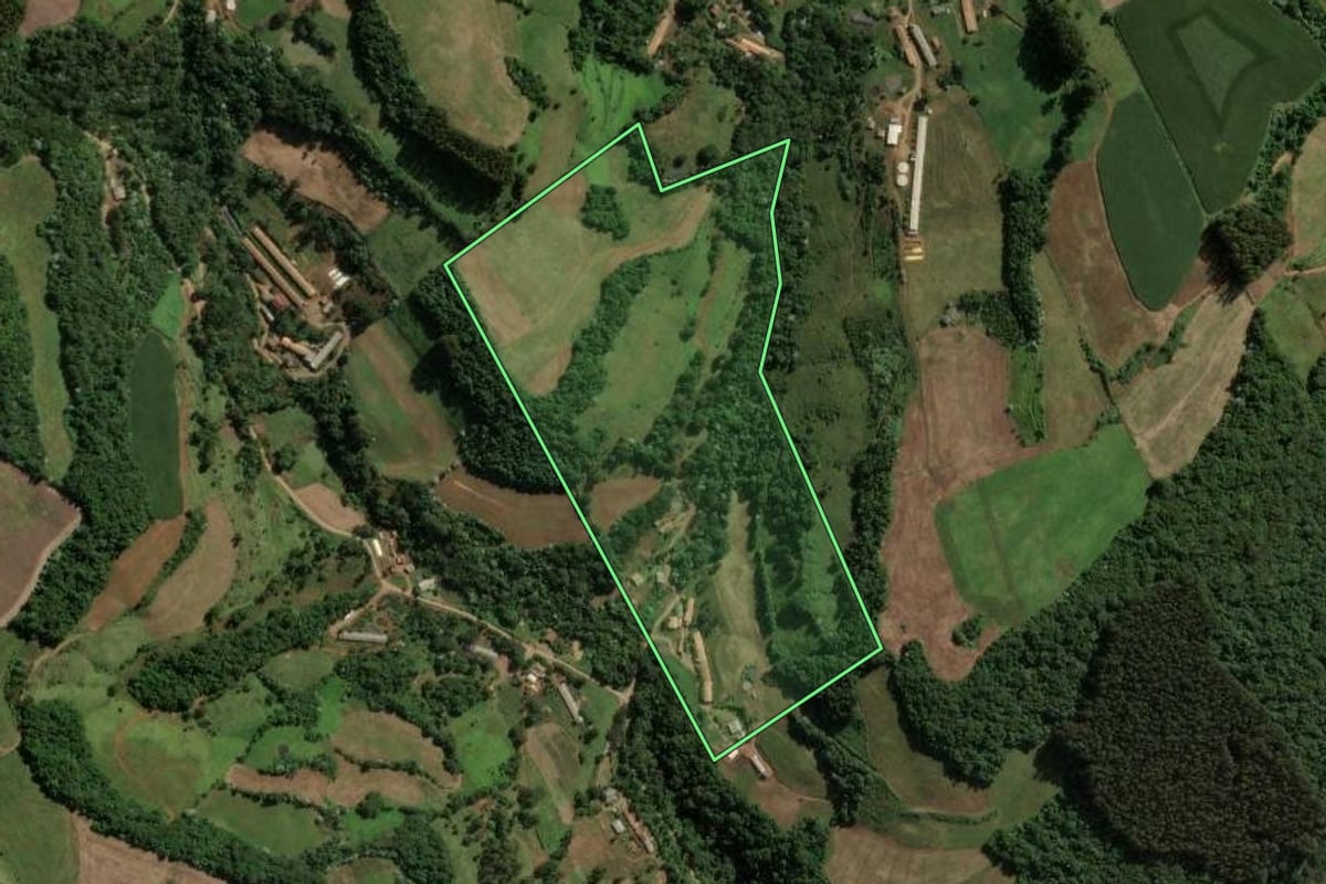 Imagem de satélite do imóvel rural em Presidente Castello Branco (SC), com o contorno declarado no CAR desenhado por cima.