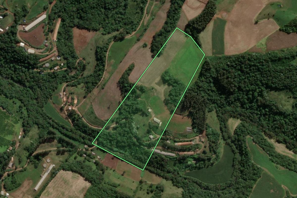 Imagem de satélite do imóvel rural em Presidente Castello Branco (SC), com o contorno declarado no CAR desenhado por cima.